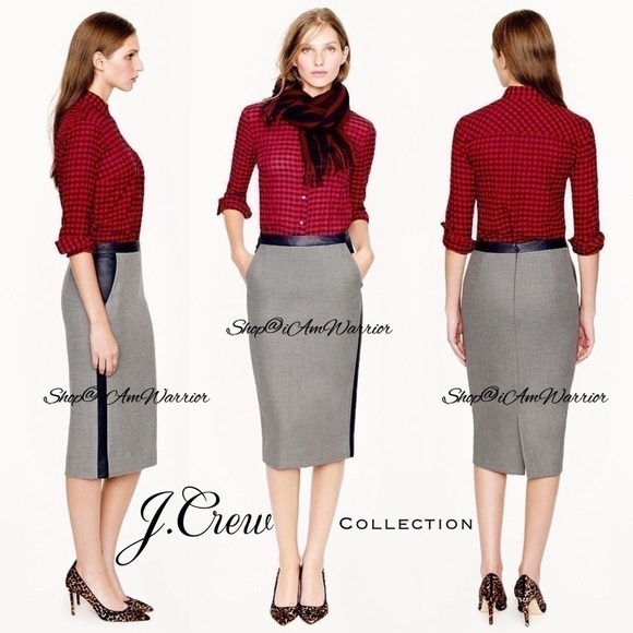J.Crew Collection *RARE* No. 2 leather tipped heather grey wool pencil skirt - Picture 1 of 9